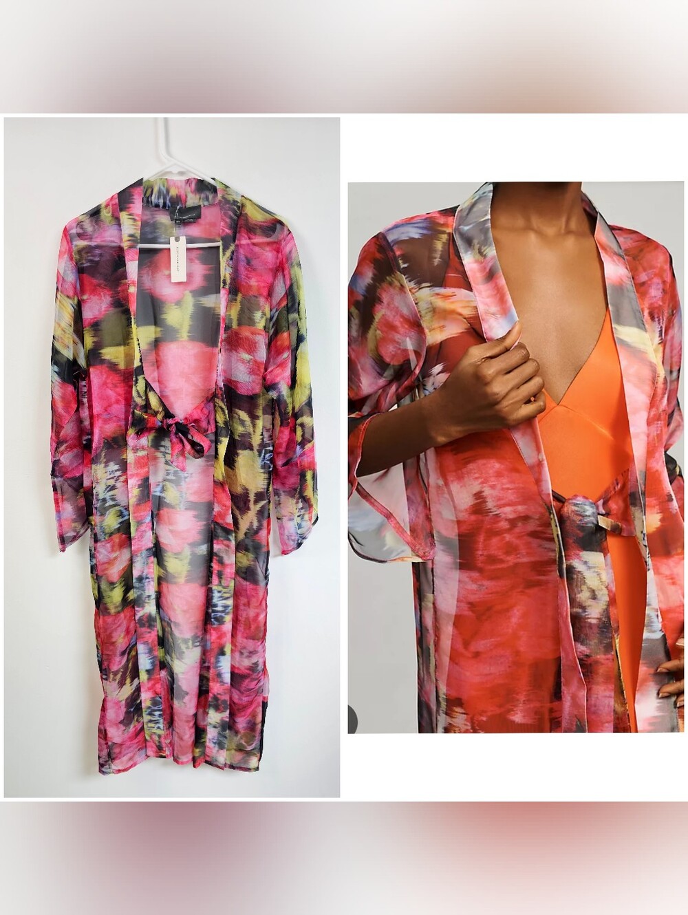 Anthropologie Watercolor Floral Kimono Sheer Tie Front One Size
